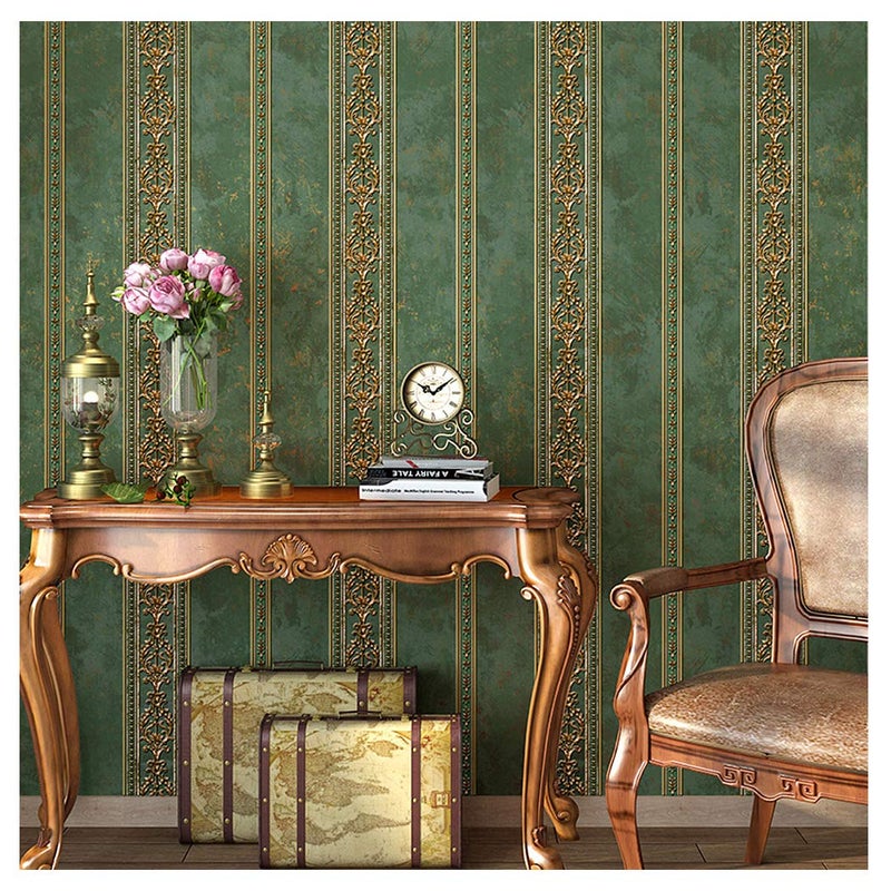 Blooming Wall Textured Vintage Damasks Floral Pattern Wallpaper Wallcoverings for Walls, 57 Square ft/Roll (Green(Stripes)) - Image 1